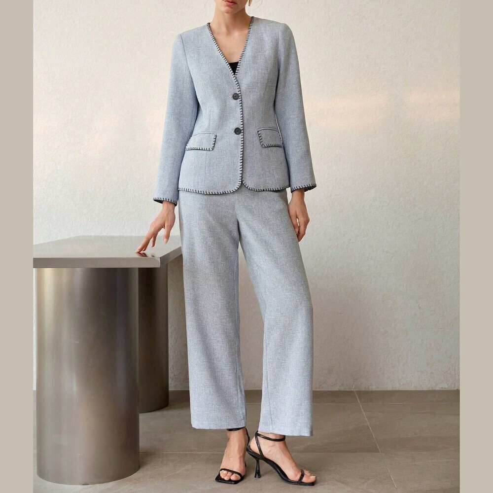Robin Blue Whipstitch Trim Collarless Blazer and Wide Leg Pants Pantsuit Set